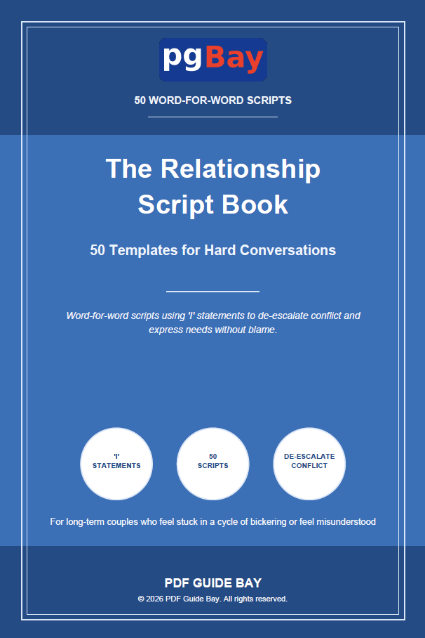 Cover of The Relationship Script Book, a PDF guide with 50 hard-conversation templates